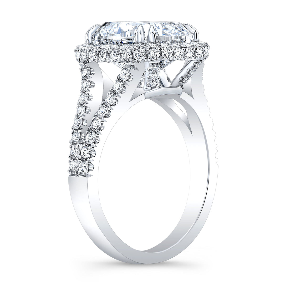 Semi setting cushion halo and hidden side halo split shank diamond engagement ring side view