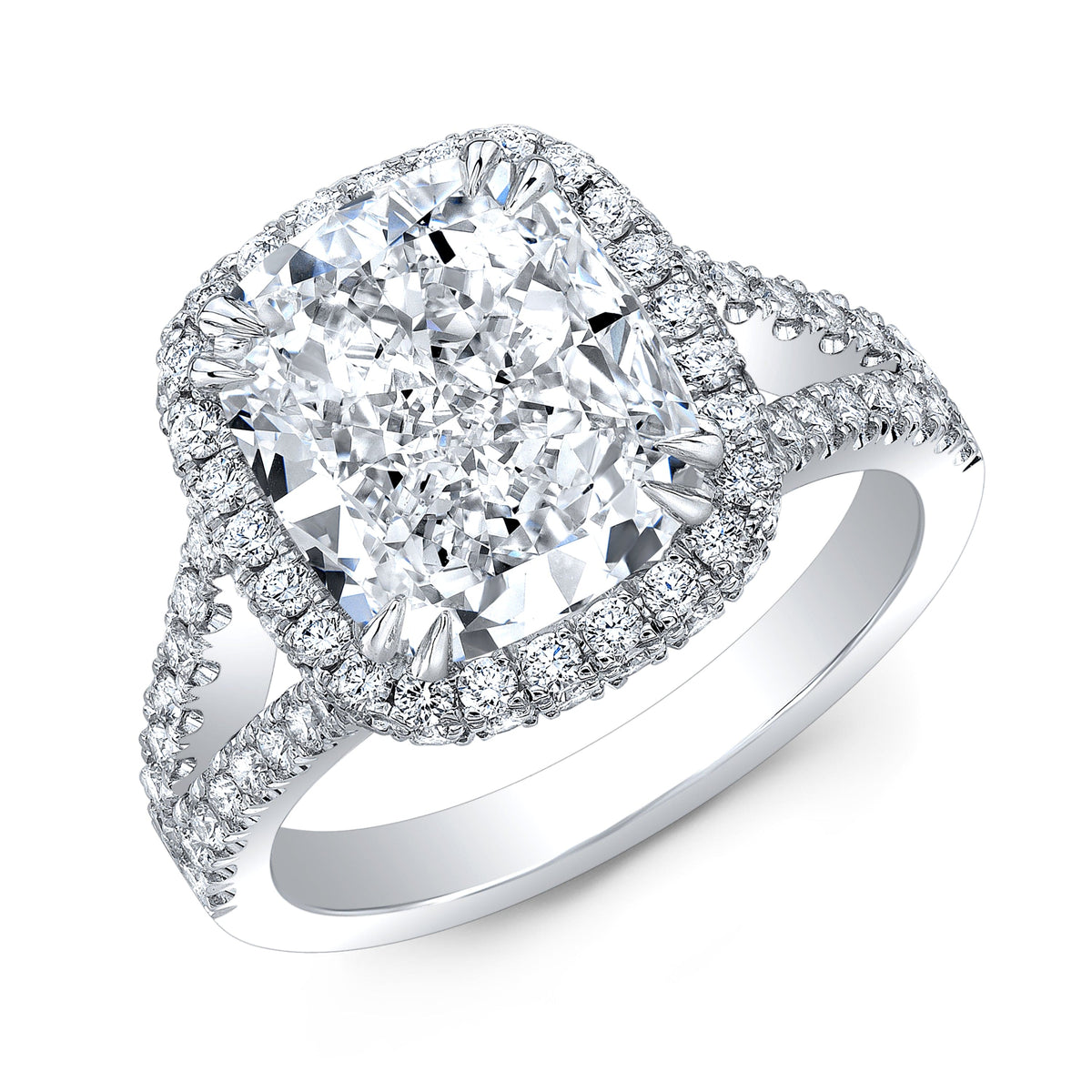 Semi setting cushion halo and hidden side halo split shank diamond engagement ring 