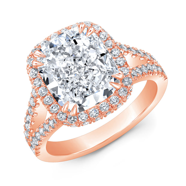 Rose Gold Semi Setting Cushion Halo and Hidden Side Halo Split Shank Diamond Engagement Ring 