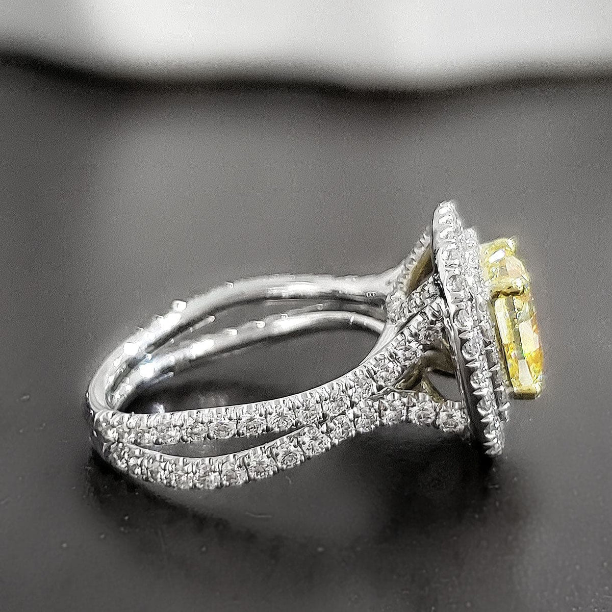 Dual halo canary fancy yellow cushion cut diamond ring side profile