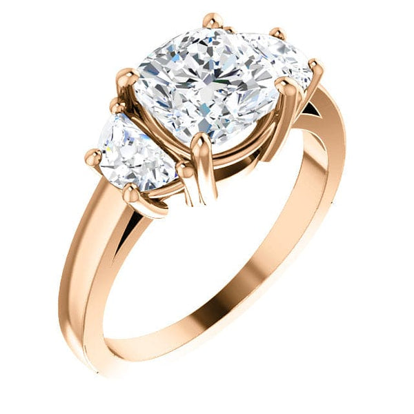 3 stone cushion cut engagement ring in rose gold