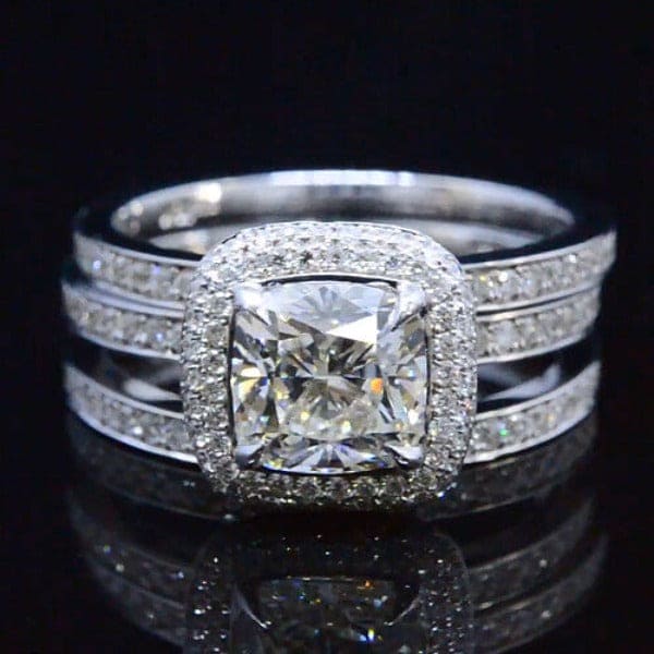 Cushion cut halo pave diamond ring set