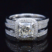 Cushion Cut Halo Pave Diamond Ring Set