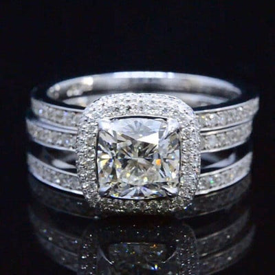 Cushion Cut Halo Pave Diamond Ring Set