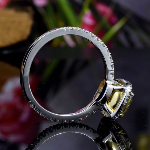 Halo Fancy Yellow Cushion Cut Diamond Ring Profile View
