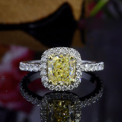 Halo Fancy Yellow Cushion Cut Diamond Ring Front View