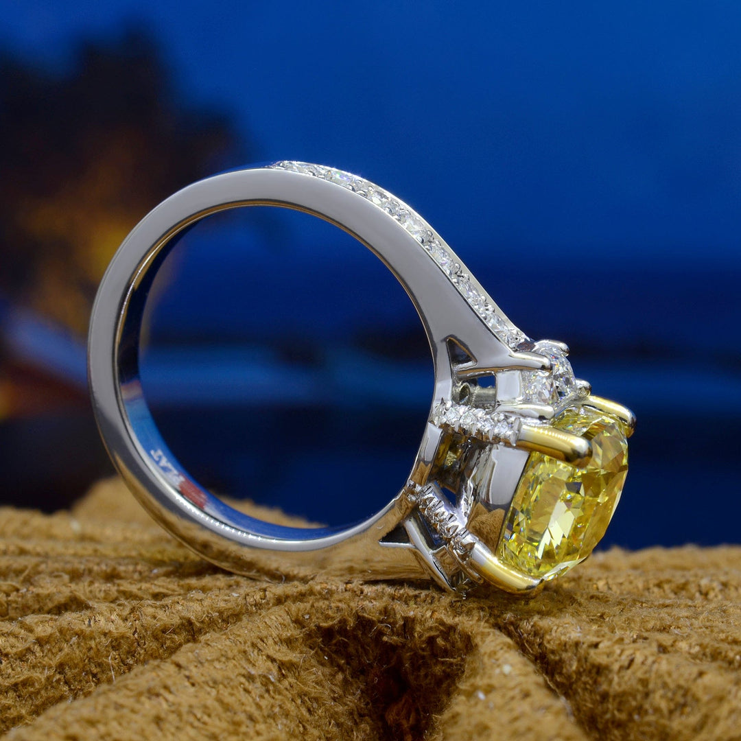 7.90 Ct Cushion Cut Canary Fancy Yellow 3 Stone Ring VS2 GIA Certified