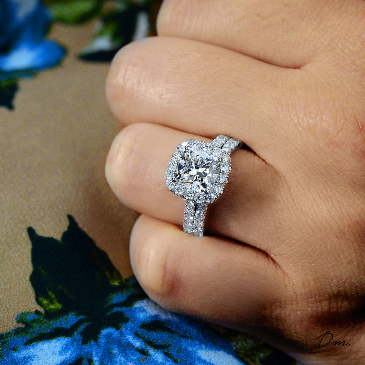 Cushion halo engagement ring set