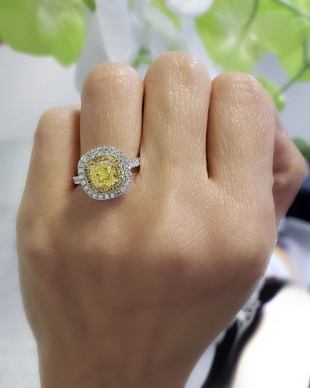 1.90 Ct. Canary Fancy Yellow Dual Halo Cushion Cut Diamond Ring VS2 GIA Certified