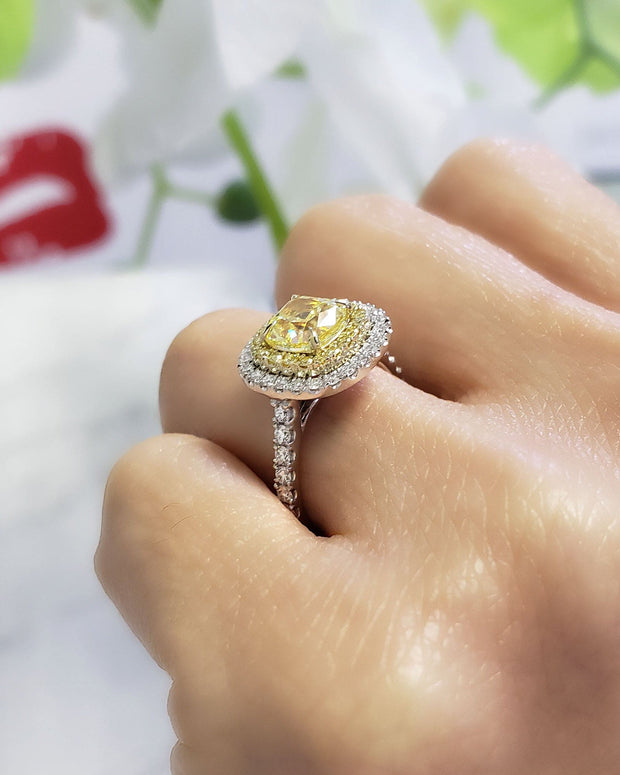 1.90 Ct. Canary Fancy Yellow Dual Halo Cushion Cut Diamond Ring VS2 GIA Certified