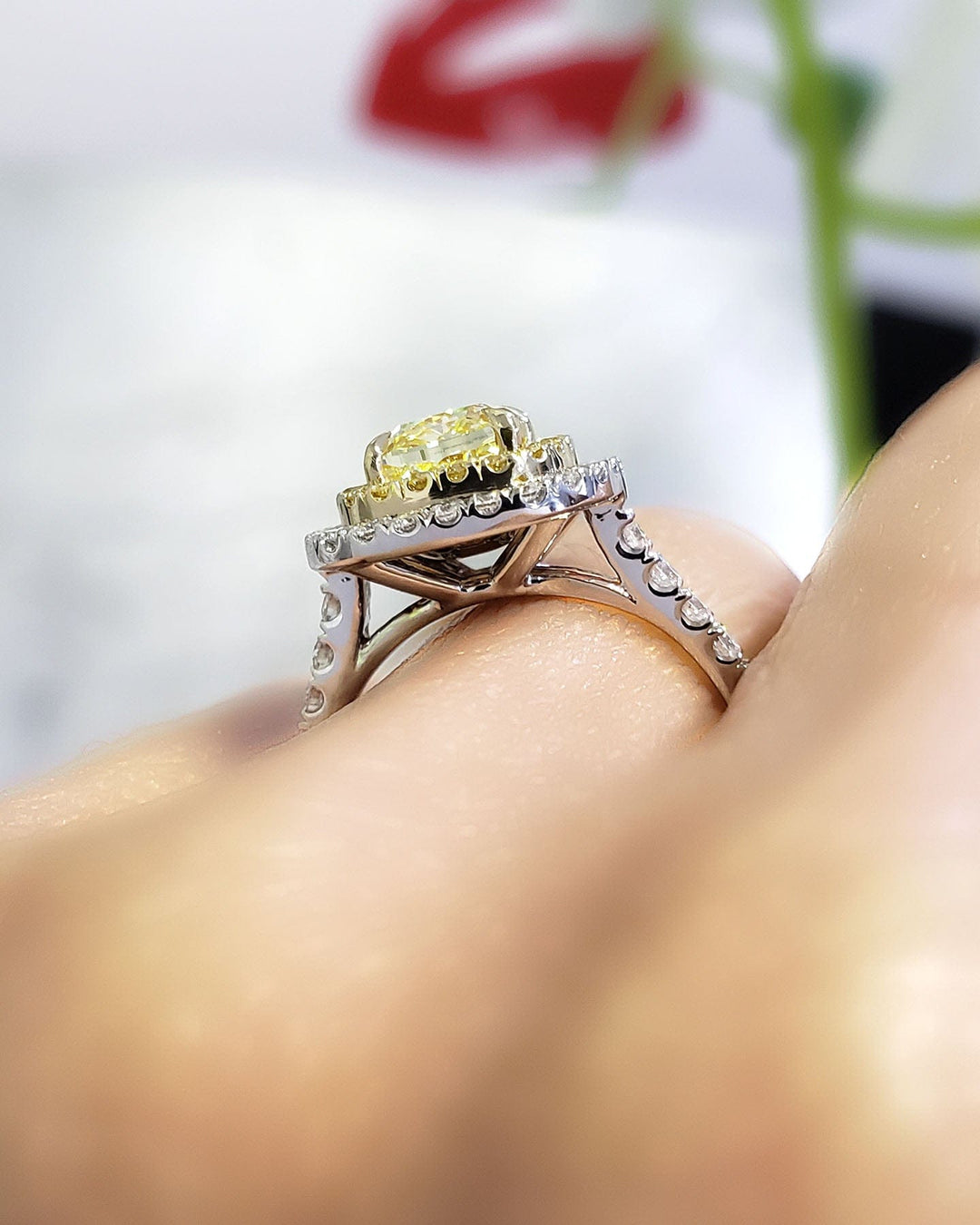 Halo Fancy Yellow Cushion Cut Diamond Ring on Hand Zoomed
