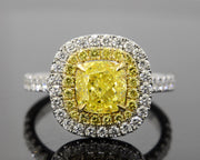 1.90 Ct. Canary Fancy Yellow Dual Halo Cushion Cut Diamond Ring VS2 GIA Certified