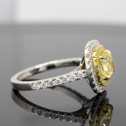 Halo Fancy Yellow Cushion Cut Diamond Ring Side View