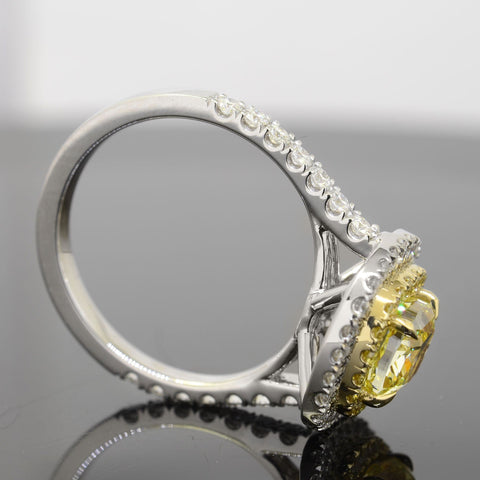 Halo Fancy Yellow Cushion Cut Diamond Ring Profile View