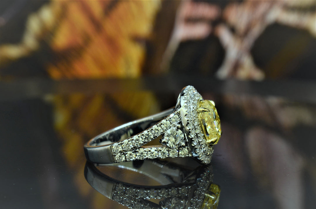 3.85 Ct. Double Halo Canary Fancy Yellow Oval Cut Diamond Ring VVS1 GIA Certified