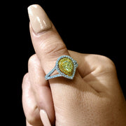 2.20 Ct. Canary Fancy Yellow Pear Cut Dual Halo Diamond Ring VS2 GIA Certified