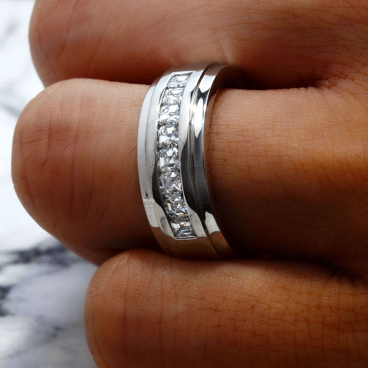 Asscher cut men's band on hand