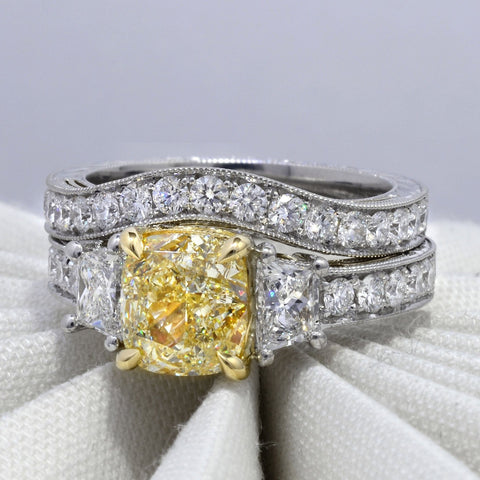 Yellow Cushion Cut Hand-Carved Diamond Ring Set