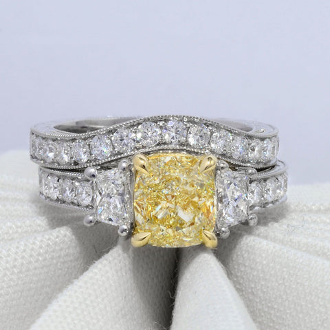 Yellow Cushion Cut Hand-Carved Diamond Ring Set Front View