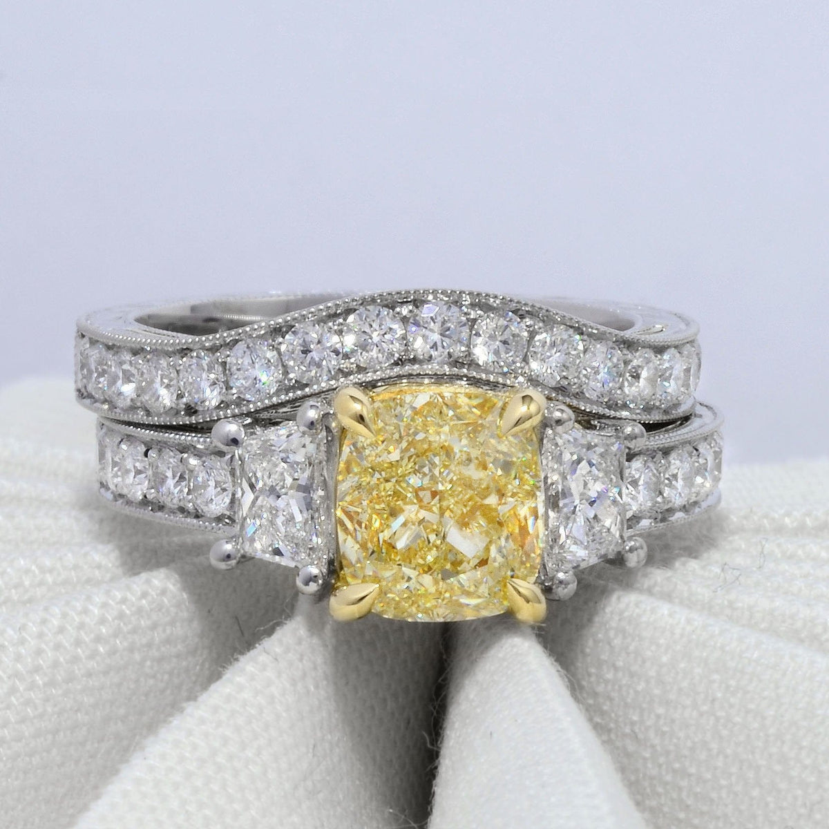 Yellow cushion cut hand carved diamond ring set