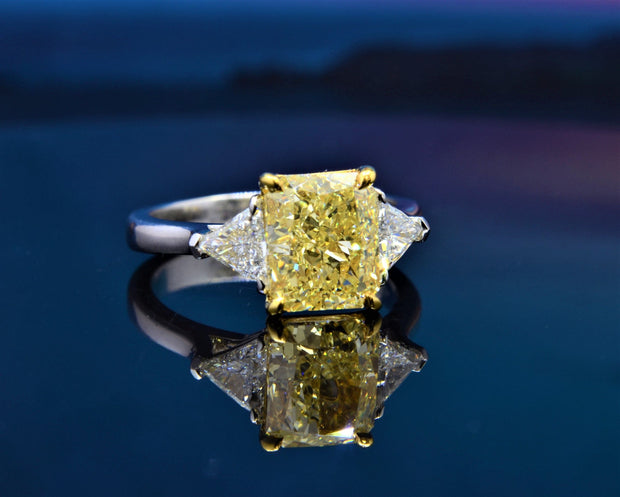 Elongated Radiant Fancy Light Yellow & Trillions 3 Stone Ring