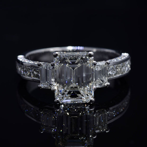 2.80 Ct. 3 Stone Emerald Cut Diamond Ring with Accents H Color VS2 GIA Certified
