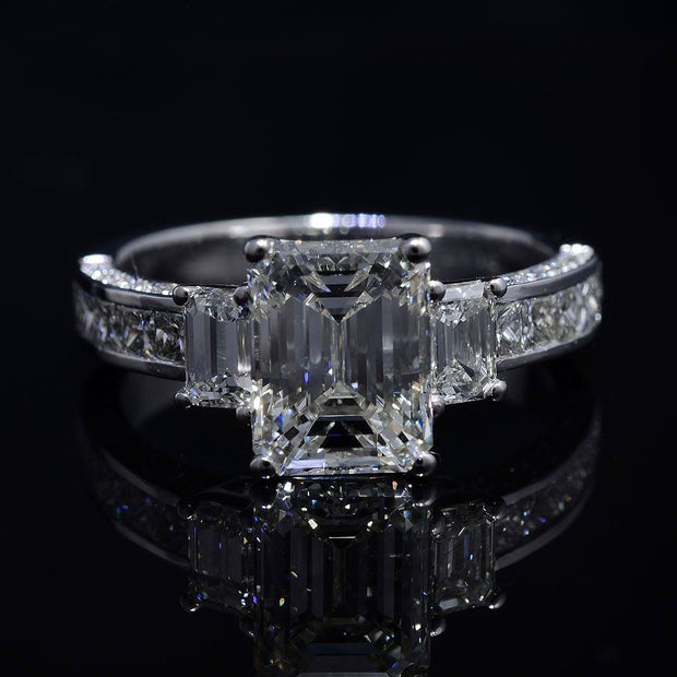 2.50 Ct. Emerald Cut 3 Stone Diamond Ring with Accents H Color VS1 GIA Certified