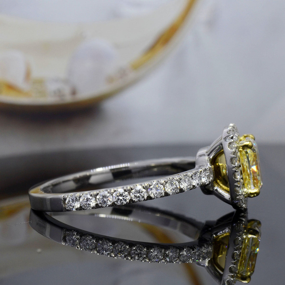 Halo Fancy Yellow Cushion Cut Diamond Ring Side View