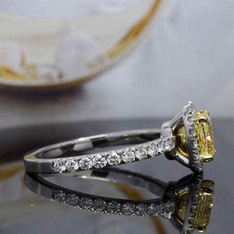Halo Fancy Yellow Cushion Cut Diamond Ring Side View