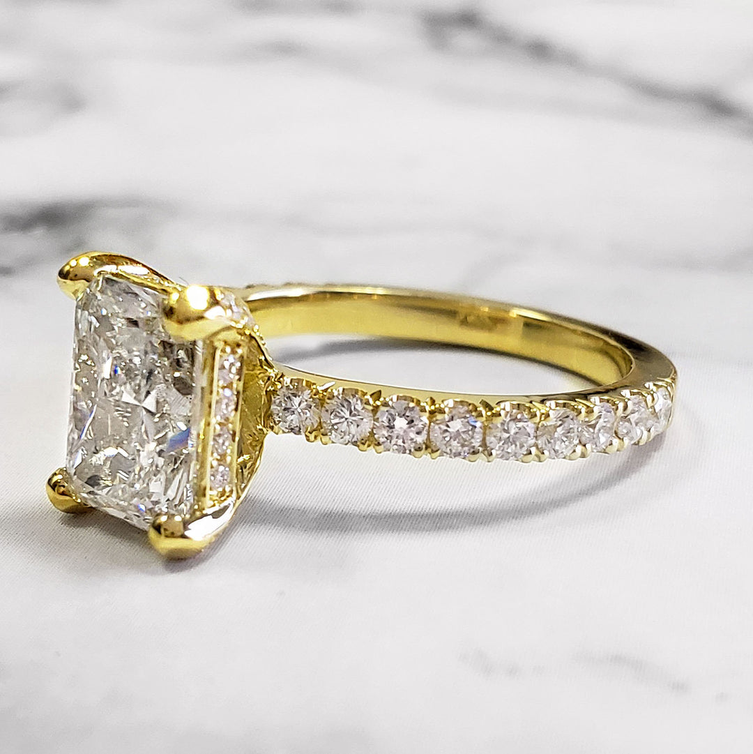 Radiant Hidden Halo Engagement Ring Set Side View Yellow