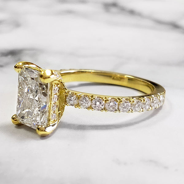 Radiant Hidden Halo Engagement Ring Set Side View Yellow