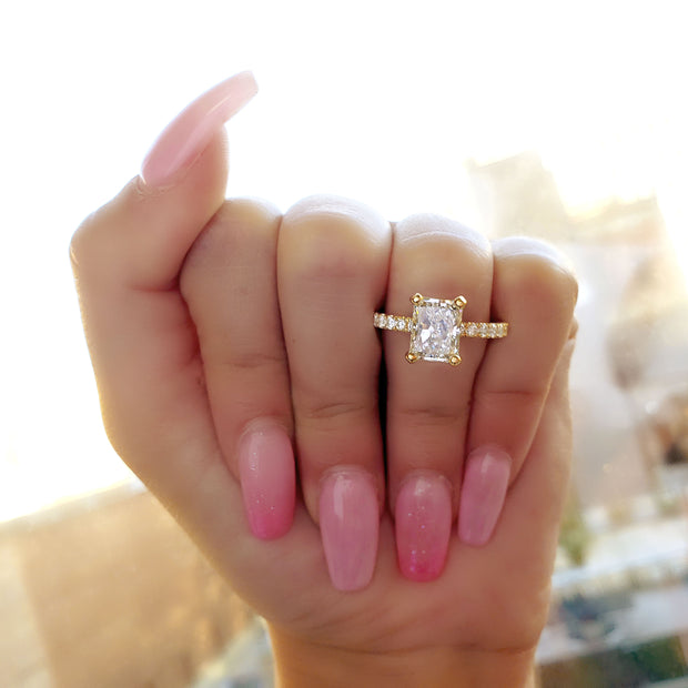 Radiant Cut Engagement Ring Set on hand