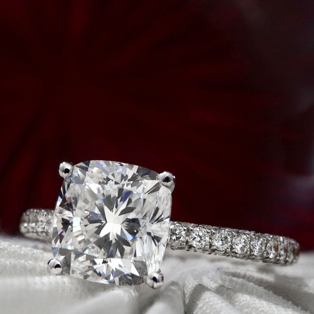 3 Row Pave Cushion Cut Diamond Engagement Ring