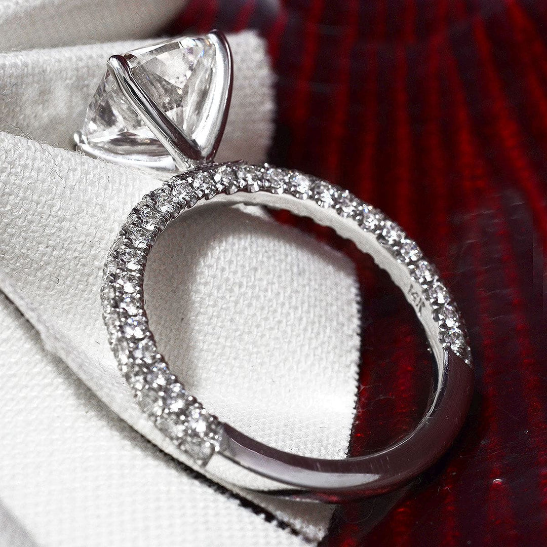 3 Row Pave Cushion Cut Diamond Engagement Ring Side Profile