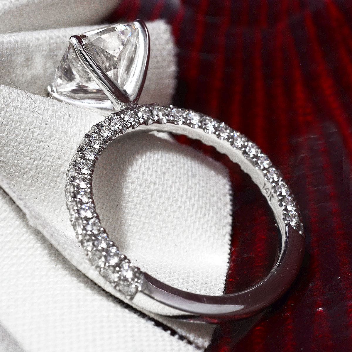 3 row pave cushion cut diamond engagement ring side profile
