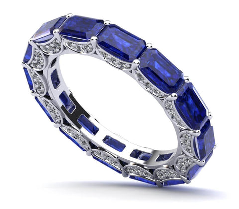 Sapphire Eternity Band Emerald Shape with Hidden Halo Diamonds