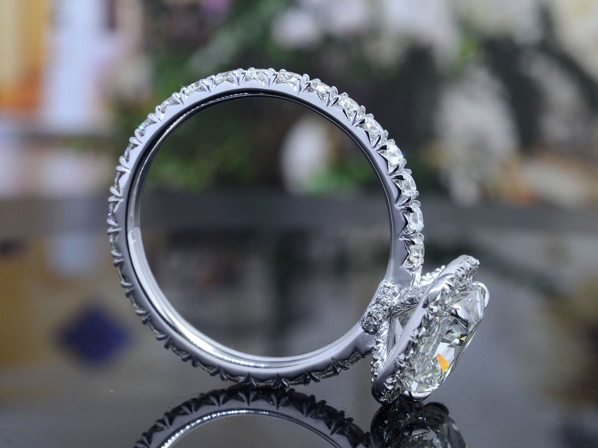 Cushion halo engagement ring eternity side profile