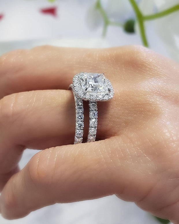 4.10 Ctw Cushion Cut Halo Diamond Ring & Band Eternity H Color VS2 GIA Certified