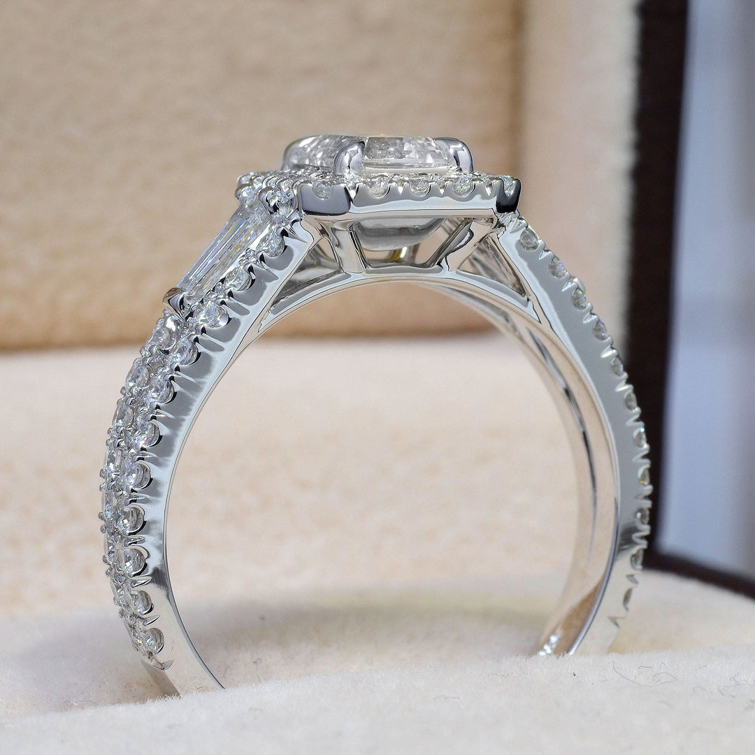 2.60 Ct. Halo Emerald Cut Diamond Ring w Baguettes I Color VS1 GIA Certified