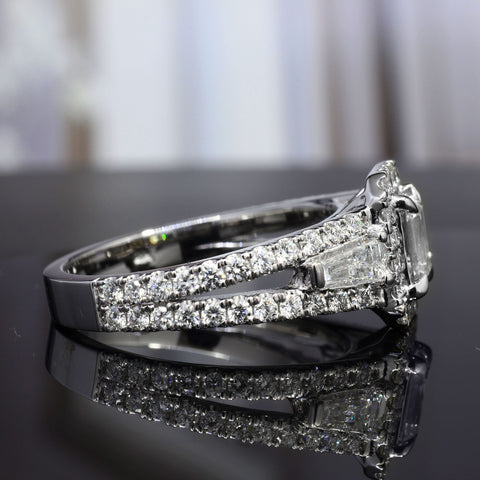 2.10 Ct. Halo Emerald Cut Diamond Ring w Baguettes E Color VS1 GIA Certified