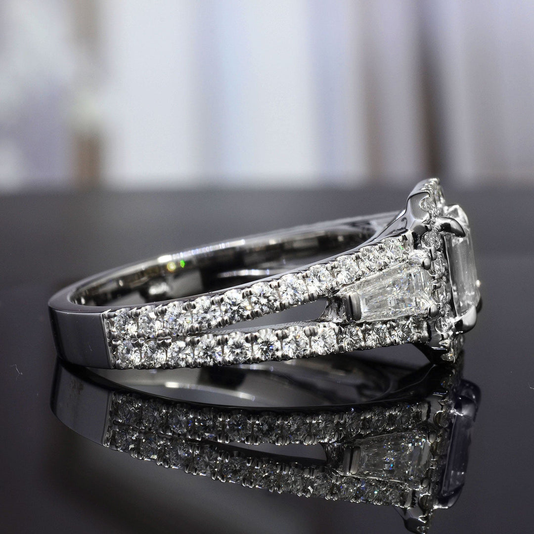 2.60 Ct. Halo Emerald Cut Diamond Ring w Baguettes I Color VS1 GIA Certified