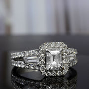 2.10 Ct. Halo Emerald Cut Diamond Ring w Baguettes E Color VS1 GIA Certified