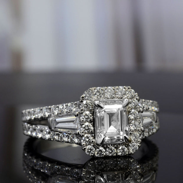 2.3 Ctw Halo Emerald Cut Diamond Ring with Baguettes H Color VS1 GIA Certified