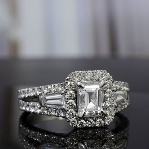 2.50 Ct. Halo Emerald Cut Diamond Ring w Baguettes G Color VS1 GIA Certified