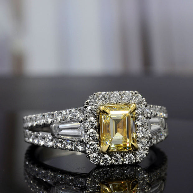 Yellow Halo Emerald Cut Diamond Ring