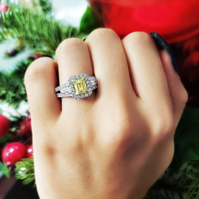 Yellow Halo Emerald Cut Diamond Ring