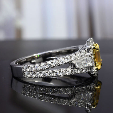 Yellow Halo Emerald Cut Diamond Ring Side View