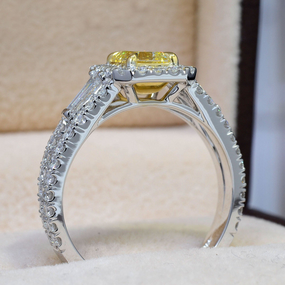 3.50 Ct. Canary Yellow Emerald Cut Diamond Ring with Baguettes VS1 GIA Certified