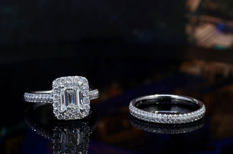 Emerald Cut Halo Engagement Ring Set