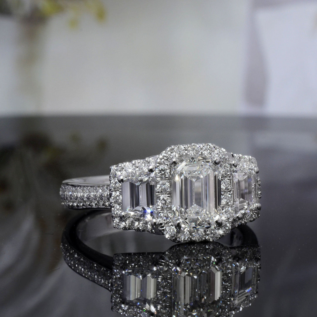 2.50 Ct. Halo Emerald Cut & Trapezoids Engagement Ring G Color VS1 GIA Certified